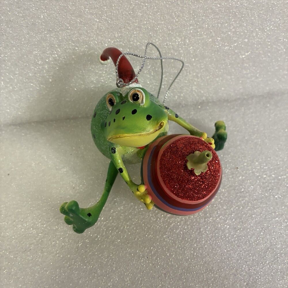 Frog Christmas Ornament Holding A Christmas Ball. Movable Legs. Hand Painted 5” - Picture 3 of 8
